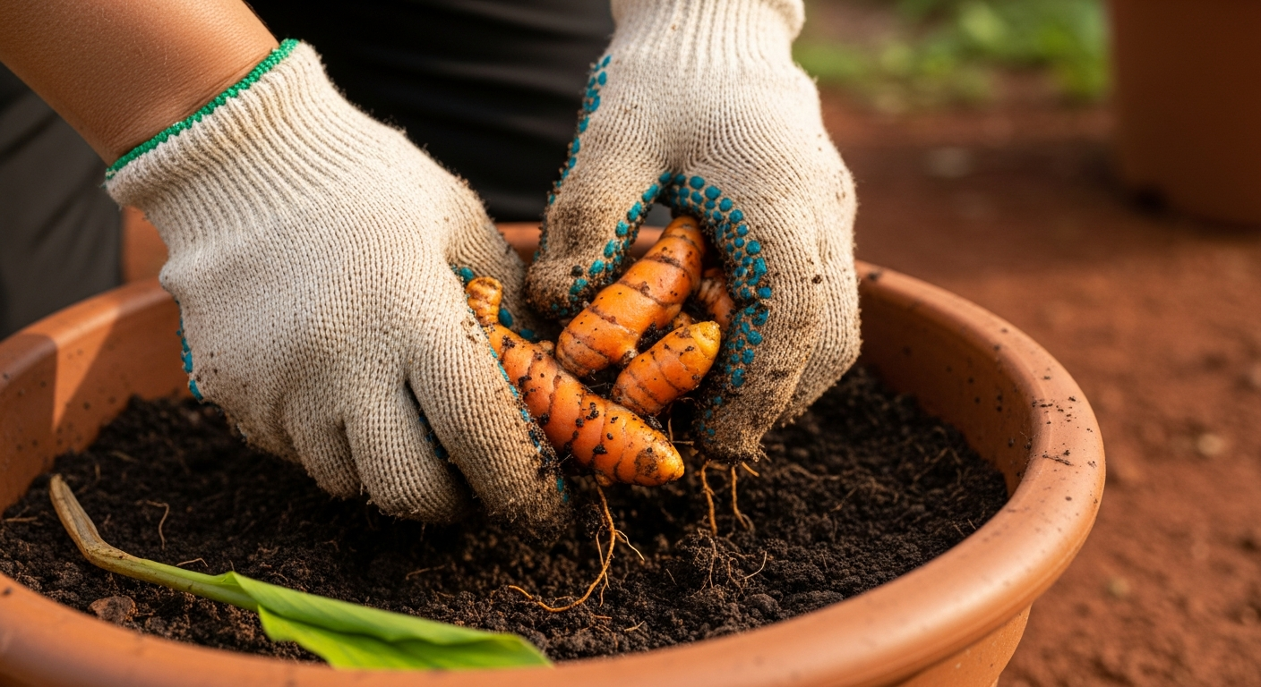 A pair of hands wearing gardening gloves carefully digging up bright orange turmeric rhizomes from the soil of a large pot.