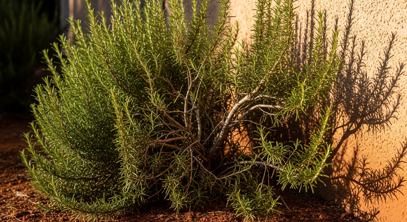 A mature rosemary bush growing against a sun-drenched stucco wall, with its woody stems and needle-like leaves shown in detail.