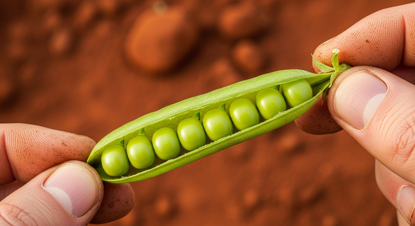 A close-up shot of a hand splitting open a plump green shelling pea pod, revealing a perfect row of round, bright green peas inside.