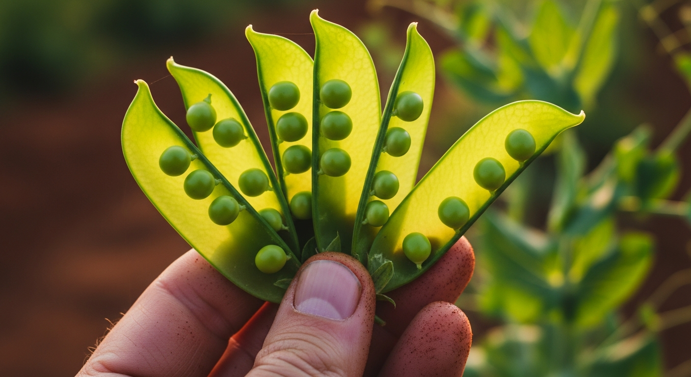 A handful of flat, translucent green snow pea pods held up to the light, showing the tiny, undeveloped peas within the pod.