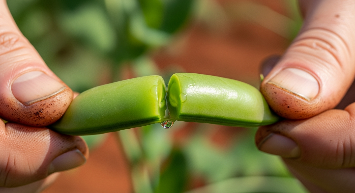 A single, crisp sugar snap pea being snapped in half, with a visible droplet of juice at the break, showcasing its plumpness and texture.