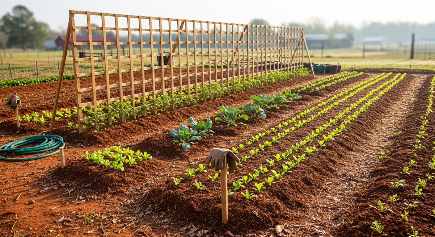 A well-planned garden bed in early spring, positioned to receive full morning sun, with a tall trellis already installed at one end.