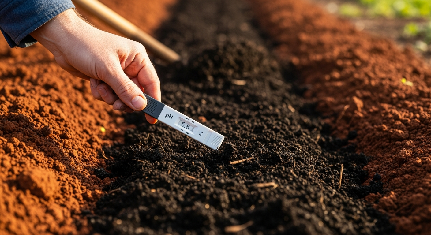 A gardener's hand holding a soil pH test kit showing a result of 6.8 next to a garden bed with dark, rich compost being tilled in.