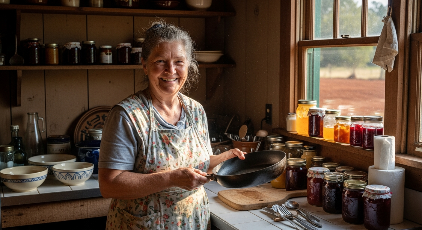An older woman in a floral apron, with a warm smile, holding a well-seasoned carbon steel pan in a rustic kitchen filled with jars of preserves and warm, glowing light. - 