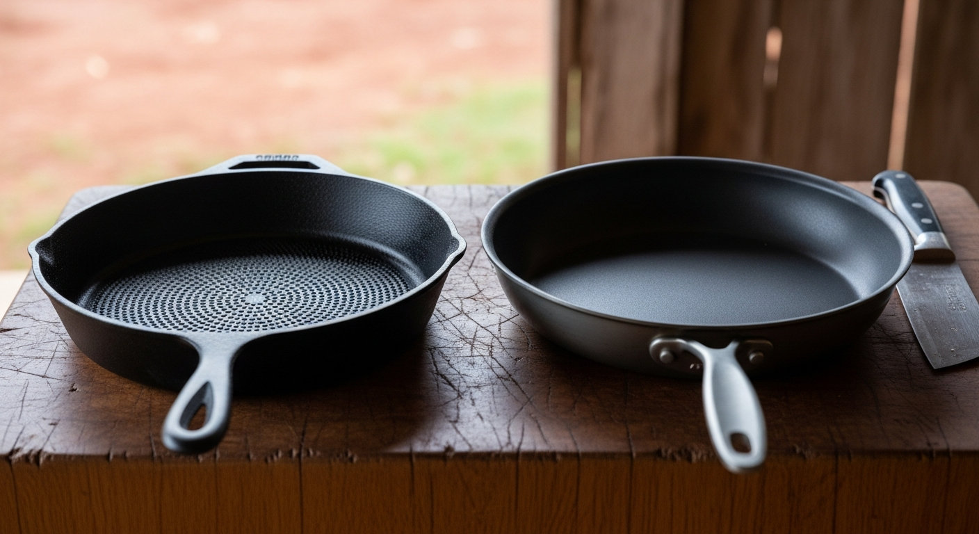 A side-by-side comparison of a black, pebbly cast iron skillet and a smoother, dark gray carbon steel pan resting on a worn wooden butcher block. - 