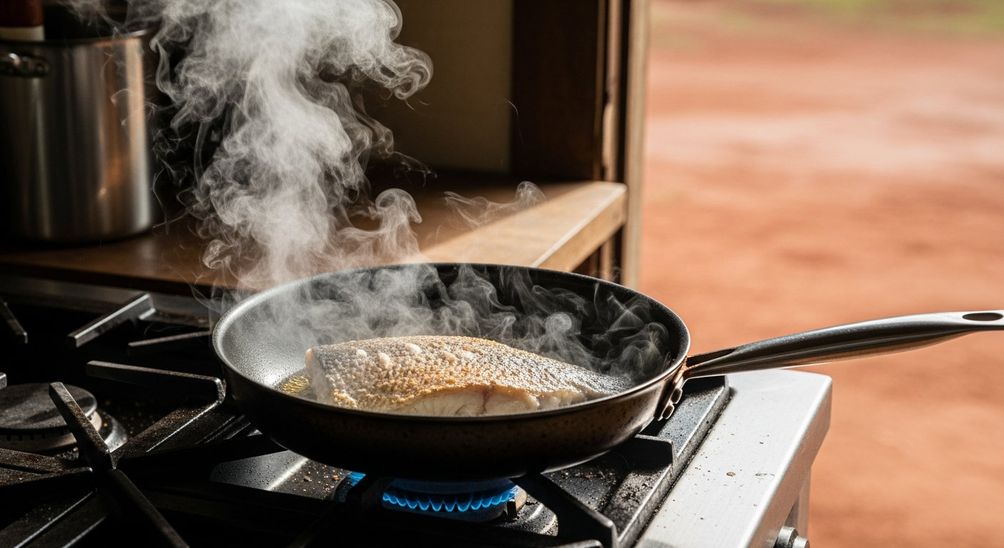 A carbon steel pan on a gas stove, perfectly searing a piece of skin-on bream, with fragrant steam rising from the pan. - 