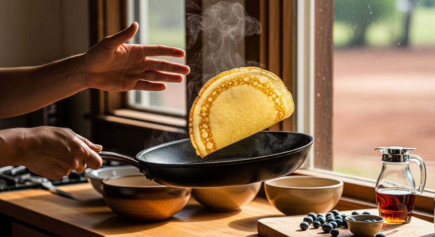 A person's hands effortlessly flipping a large, thin buttermilk pancake in a carbon steel pan with a simple, elegant motion. - 