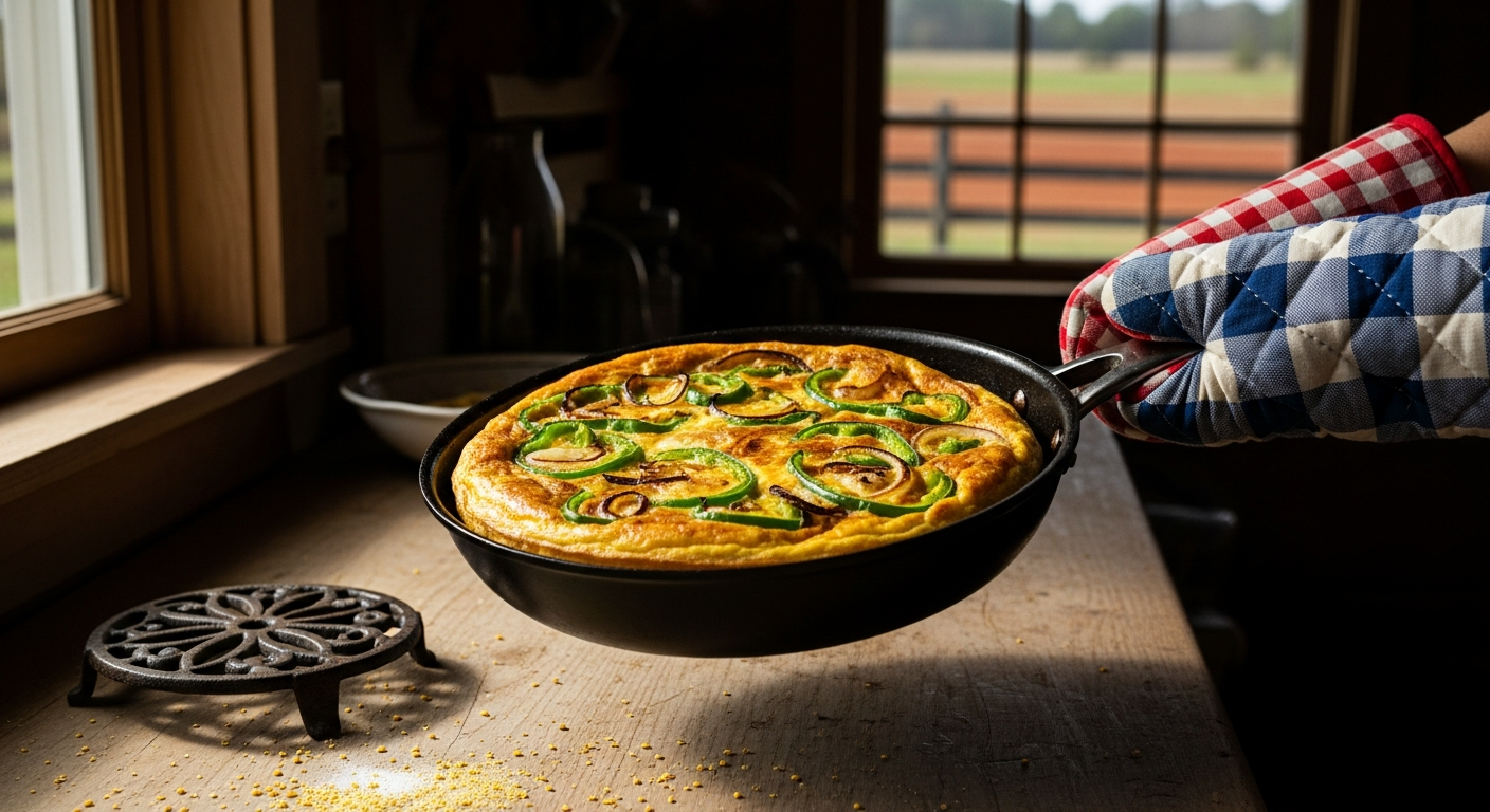 A golden-brown frittata, dotted with green peppers and onions, being pulled from an oven in a dark, seasoned carbon steel pan with checkered oven mitts. - 