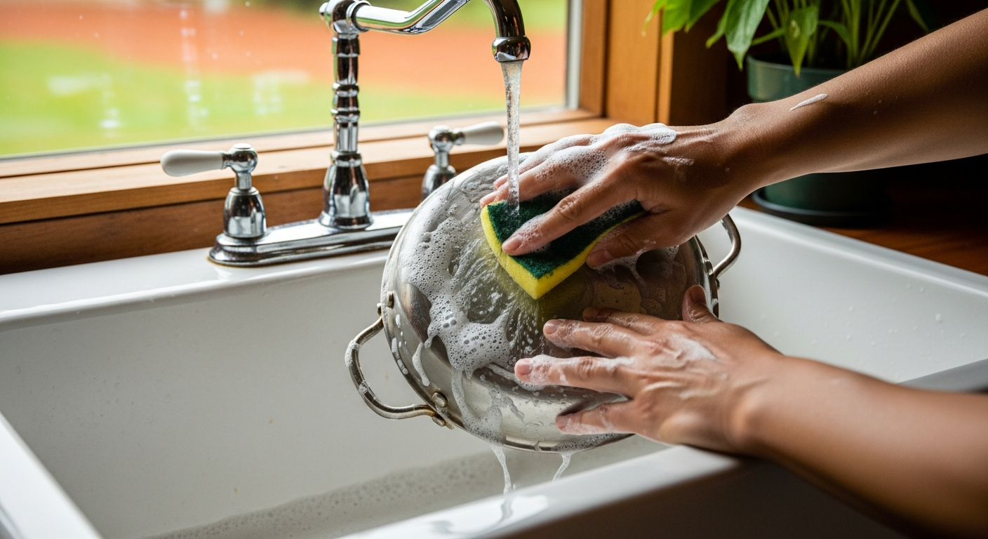 Hands in a deep white farmhouse sink, scrubbing a new, silvery carbon steel pan with a soapy sponge to remove the factory coating. - 