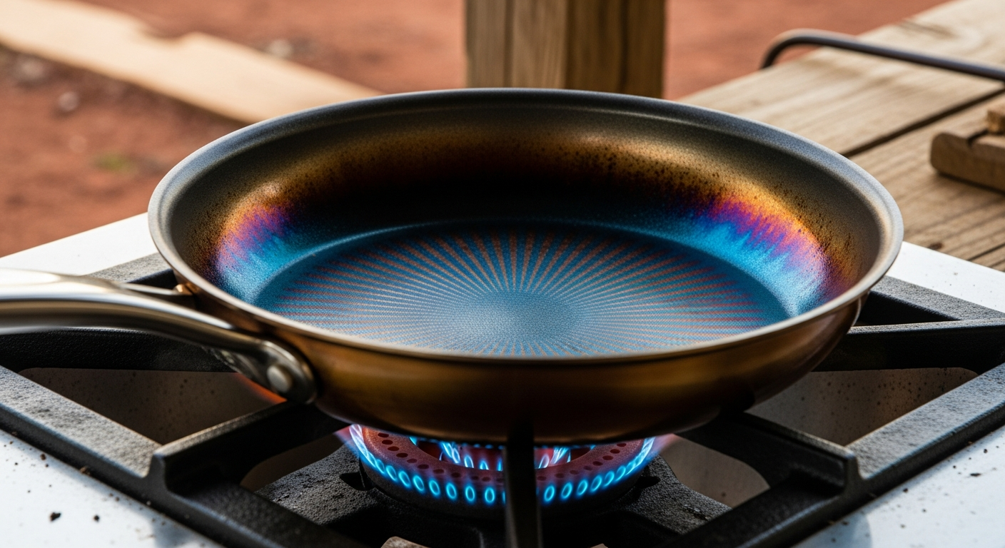 A new carbon steel pan on a high-heat gas burner, showing dramatic and distinct blue and bronze colors spreading across its surface as it heats. - 