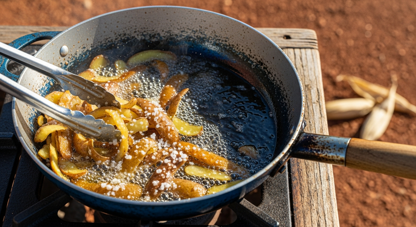 A close-up shot of potato peels and coarse salt sizzling vigorously in shimmering oil inside a hot, blued carbon steel pan, with metal tongs stirring the mixture. - 