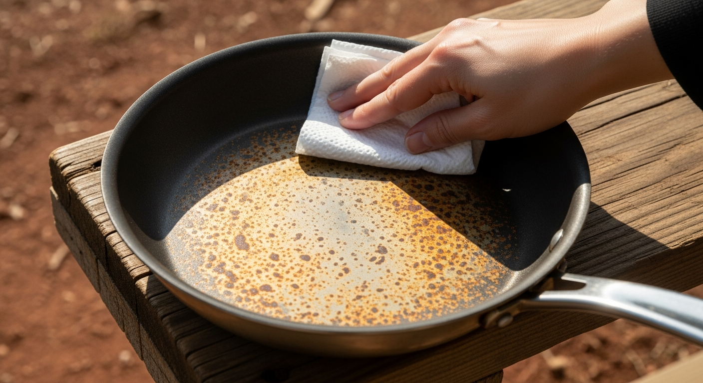 A paper towel wiping the inside of a slightly cooled carbon steel pan, revealing a faint, splotchy, golden-brown initial layer of seasoning. - 