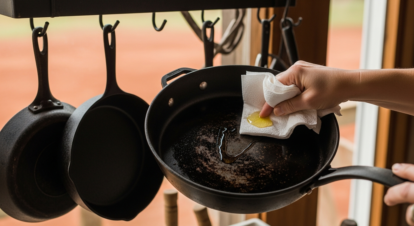 A well-seasoned, dark, almost black carbon steel pan being wiped with a very thin layer of oil on a paper towel before being hung on a pot rack. - 