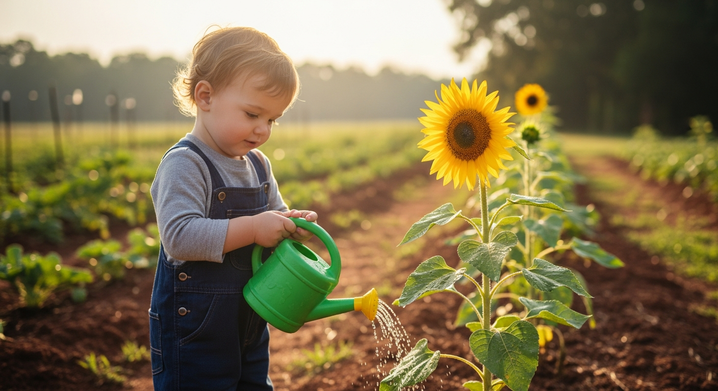 A joyful toddler with a small, colorful watering can, carefully watering a single sunflower in a sun-drenched garden. The focus is on the child's concentration and the water droplets on the leaves.