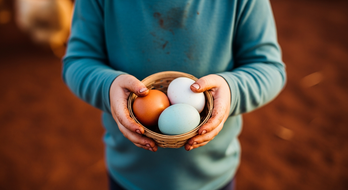 Close-up shot of a 4-year-old's small, dirt-smudged hands gently holding a basket containing a few colorful chicken eggs (brown, blue, and white). The child is looking down at the eggs with a sense of wonder.