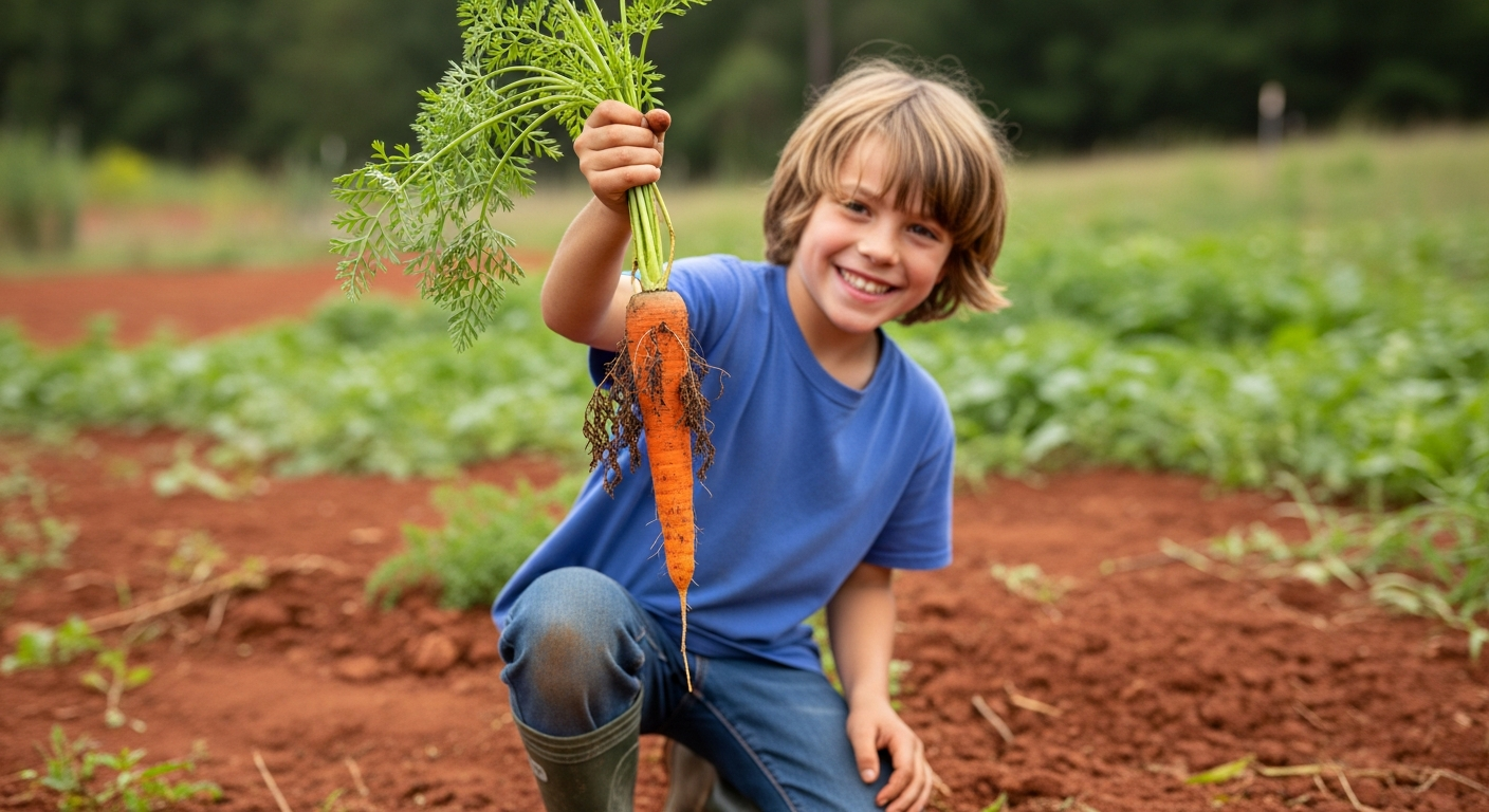 An 8-year-old child kneeling in a garden, proudly holding up a large, freshly pulled carrot with the green tops still attached. The child has a big, triumphant smile.