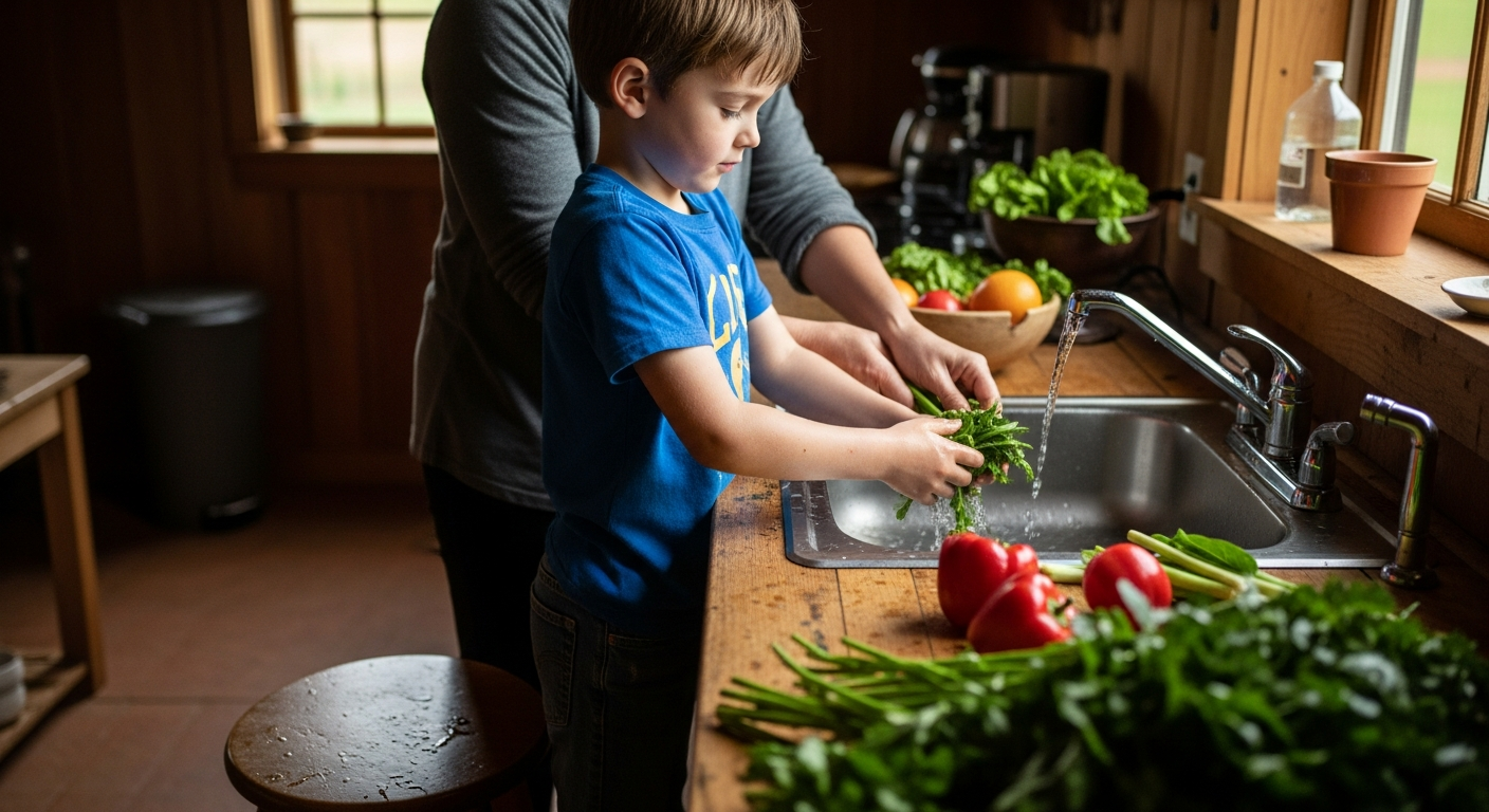 A 7-year-old standing on a stool next to a kitchen counter, carefully washing freshly picked vegetables in a sink full of water. A parent's hands are nearby, guiding them.