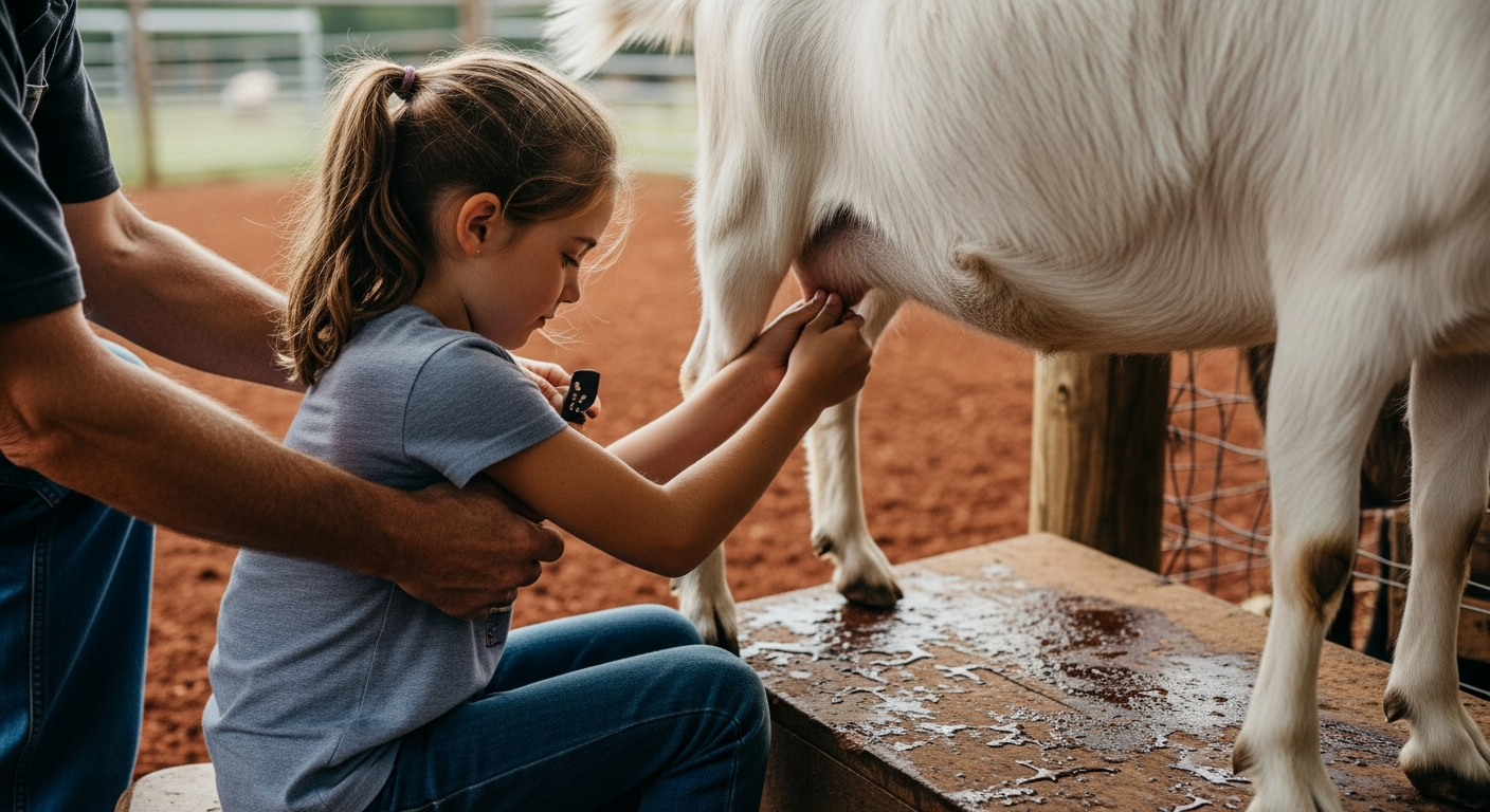 A 9-year-old girl with her hair in a ponytail, standing on a milking stool and learning to milk a patient dairy goat. A parent's hands are gently guiding her hands on the udder.