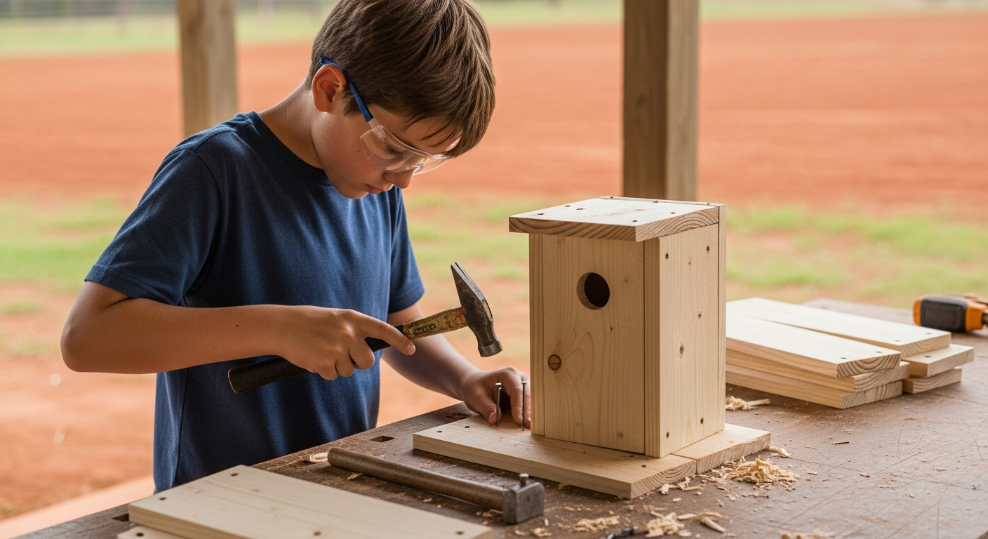A 12-year-old boy focused on building a simple birdhouse at a workbench. He is carefully using a hammer and nails, with safety glasses on. Pre-cut wood pieces are laid out.