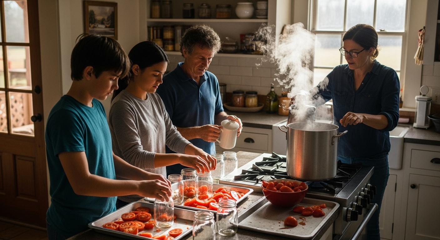 A sunlit country kitchen with a family working together. A teenager is carefully placing sliced tomatoes into canning jars while a parent pours hot water. Steam rises from a large pot on the stove.