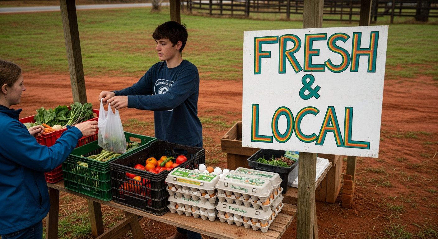 A confident 16-year-old managing a small roadside farm stand. There are crates of fresh vegetables, cartons of eggs, and a hand-painted sign that says 'Fresh & Local'. They are handing a customer a bag of produce.