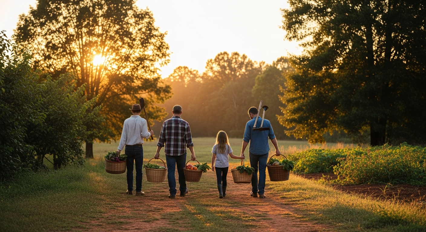 A wide, scenic shot of a family walking together on a path through their homestead at sunset. They are carrying baskets of harvested produce and tools, silhouetted against the warm light, conveying a sense of accomplishment and togetherness.
