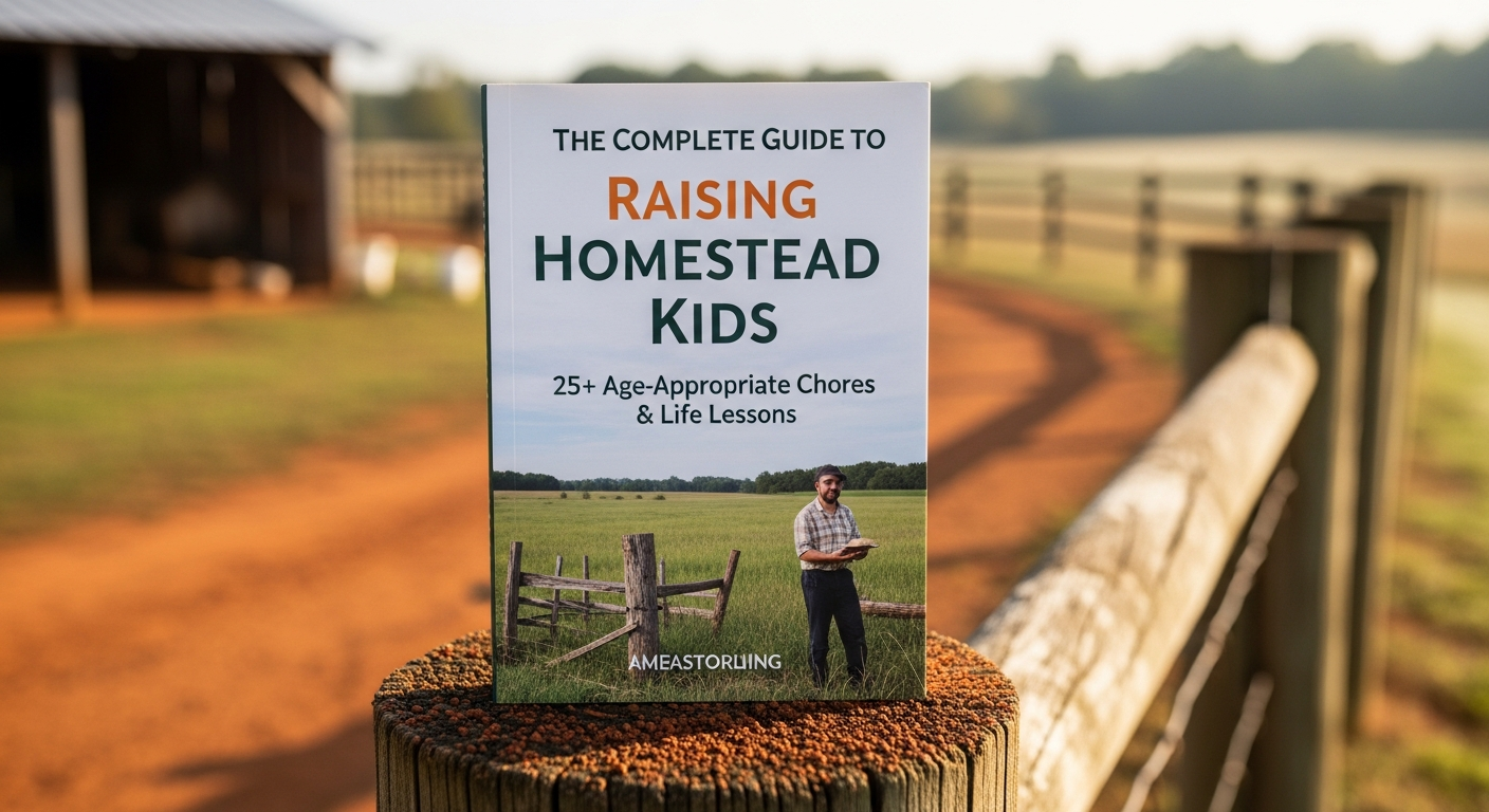 close-up detail shot of The Complete Guide to Raising Homestead Kids: 25+ Age-Appropriate Chores & Life Lessons, rural farm setting, 4k, highly detailed, photorealistic