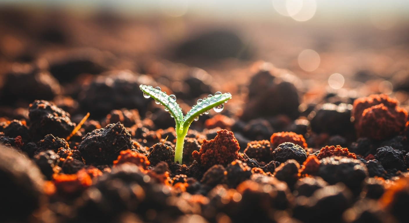 A close-up shot of a tiny green sprout just breaking through dark, moist soil, with morning light filtering in.