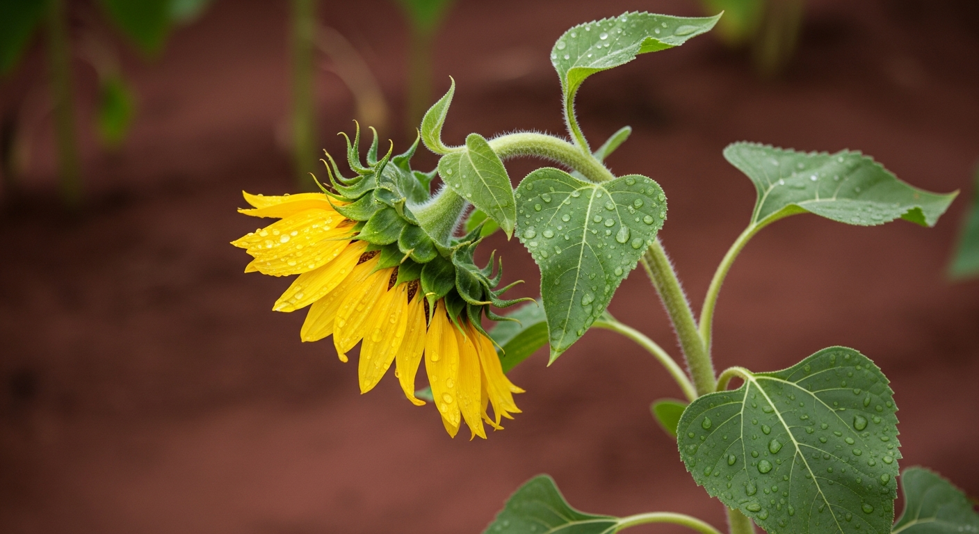 A sunflower with a slightly bent but strong stalk, standing tall after a rainstorm, with water droplets on its petals.