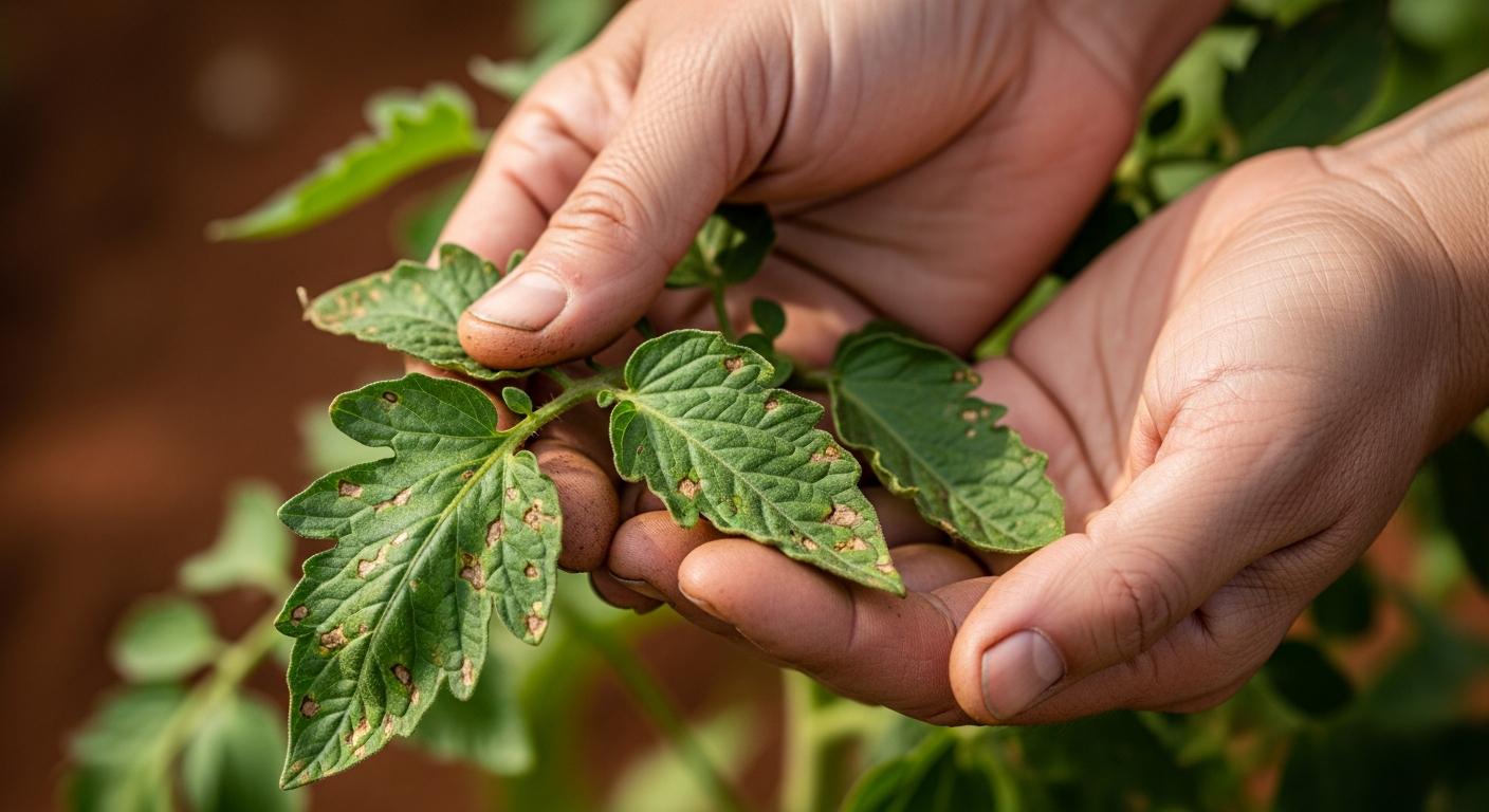 A gardener's hands gently cupping a tomato leaf, inspecting it closely for the tell-tale signs of blight.