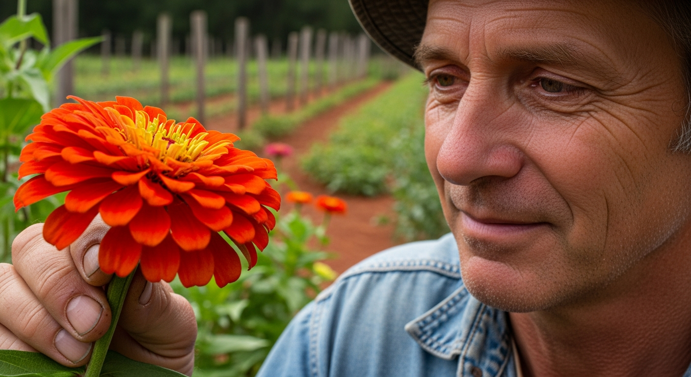A gardener's face, filled with gentle concentration, examining the vibrant petals of a zinnia flower up close.