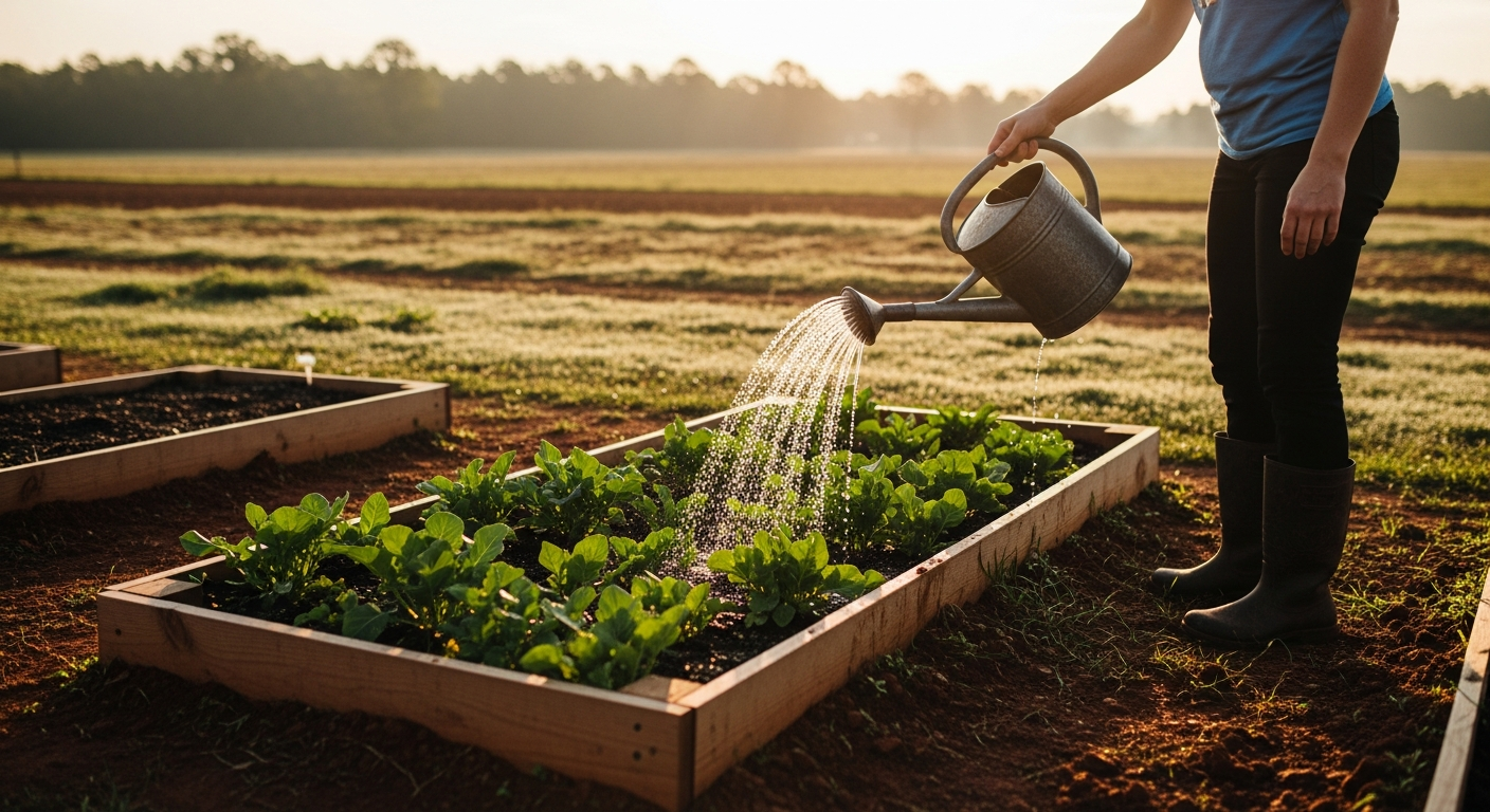 A person watering a raised garden bed with a gentle stream from a watering can, the sun low in the sky creating a warm glow.