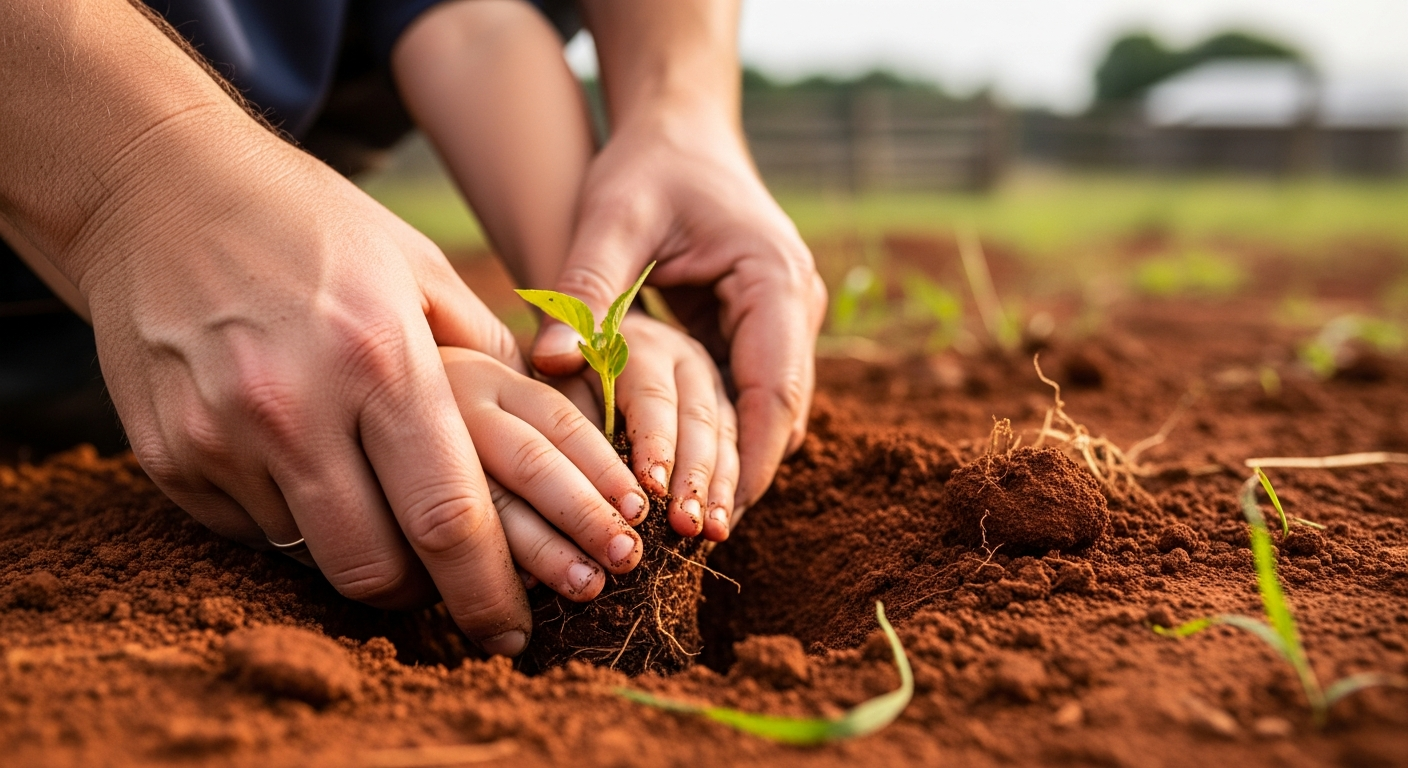 A child's small hands carefully planting a seedling into the soil, with an adult's hands guiding them gently.