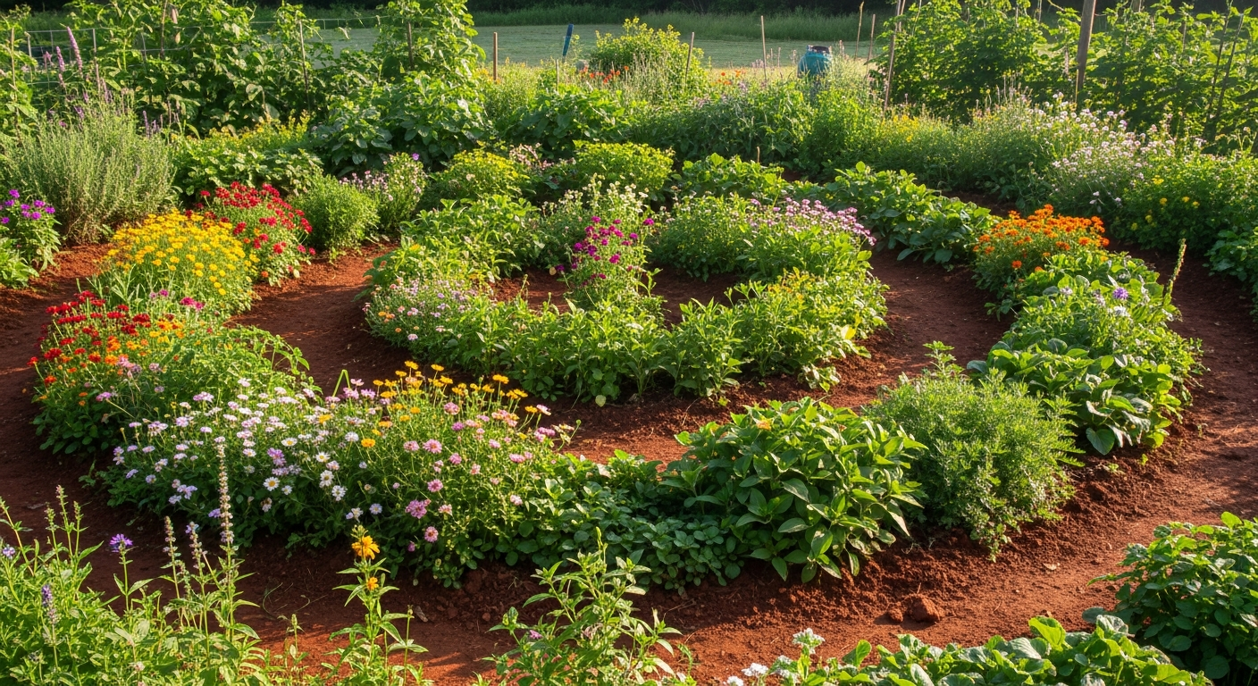 A beautifully designed permaculture garden bed with a mix of flowers, herbs, and vegetables growing together in a spiral pattern.