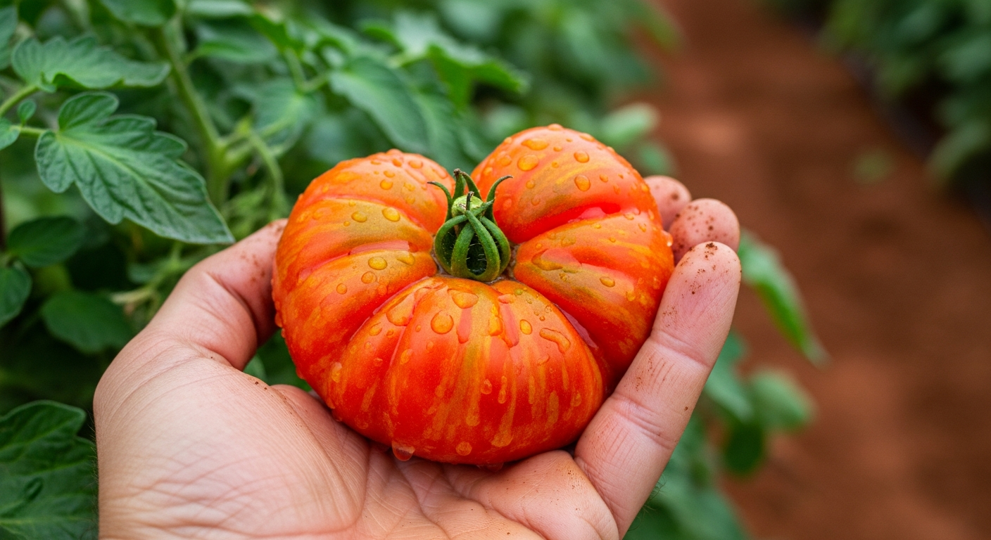 A hand holding a lumpy, misshapen heirloom tomato, showcasing its unique and imperfect character against a backdrop of green leaves.