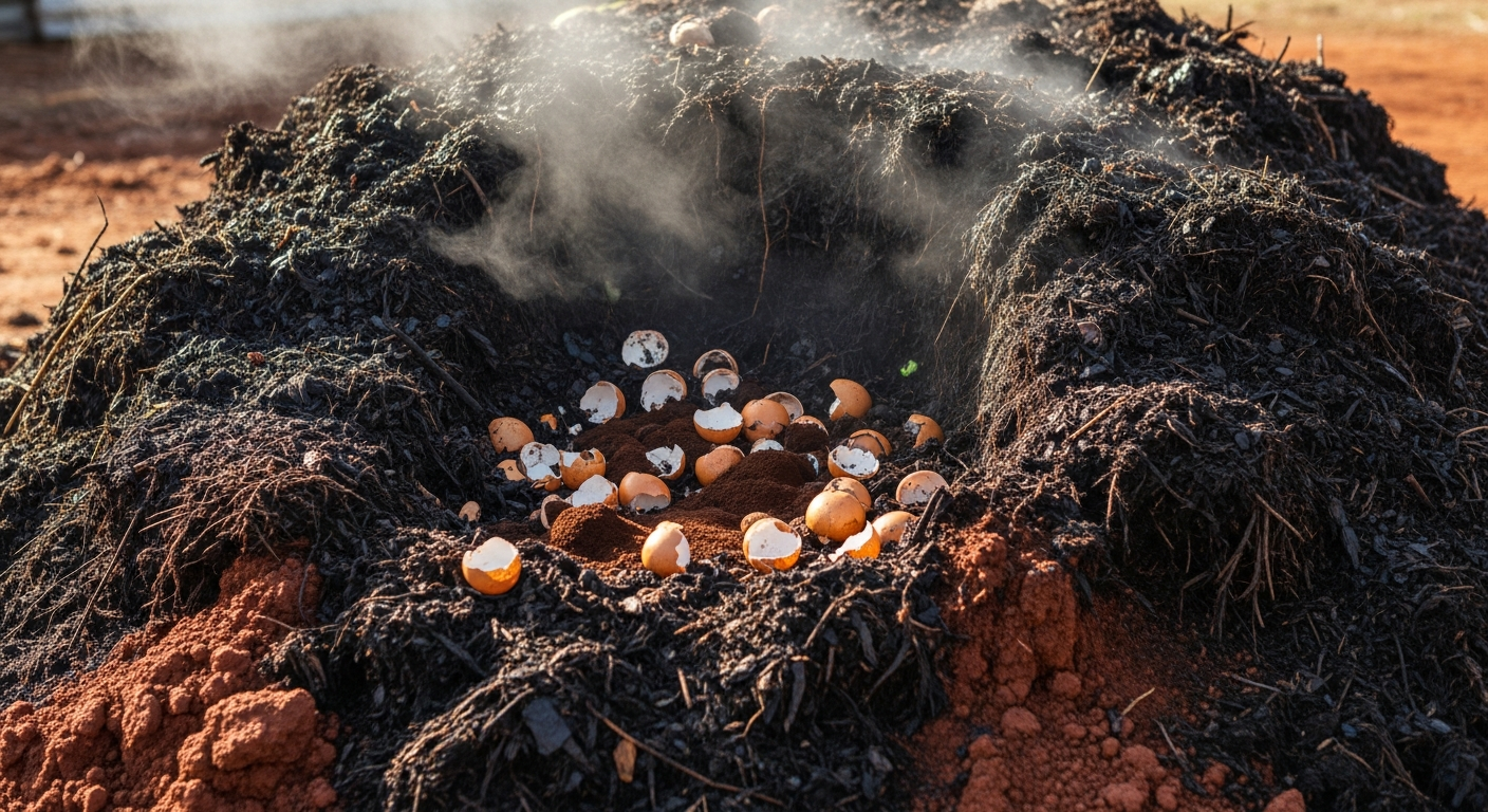 A rich, dark compost pile with visible remnants of eggshells and vegetable scraps, steam rising from it on a cool morning.