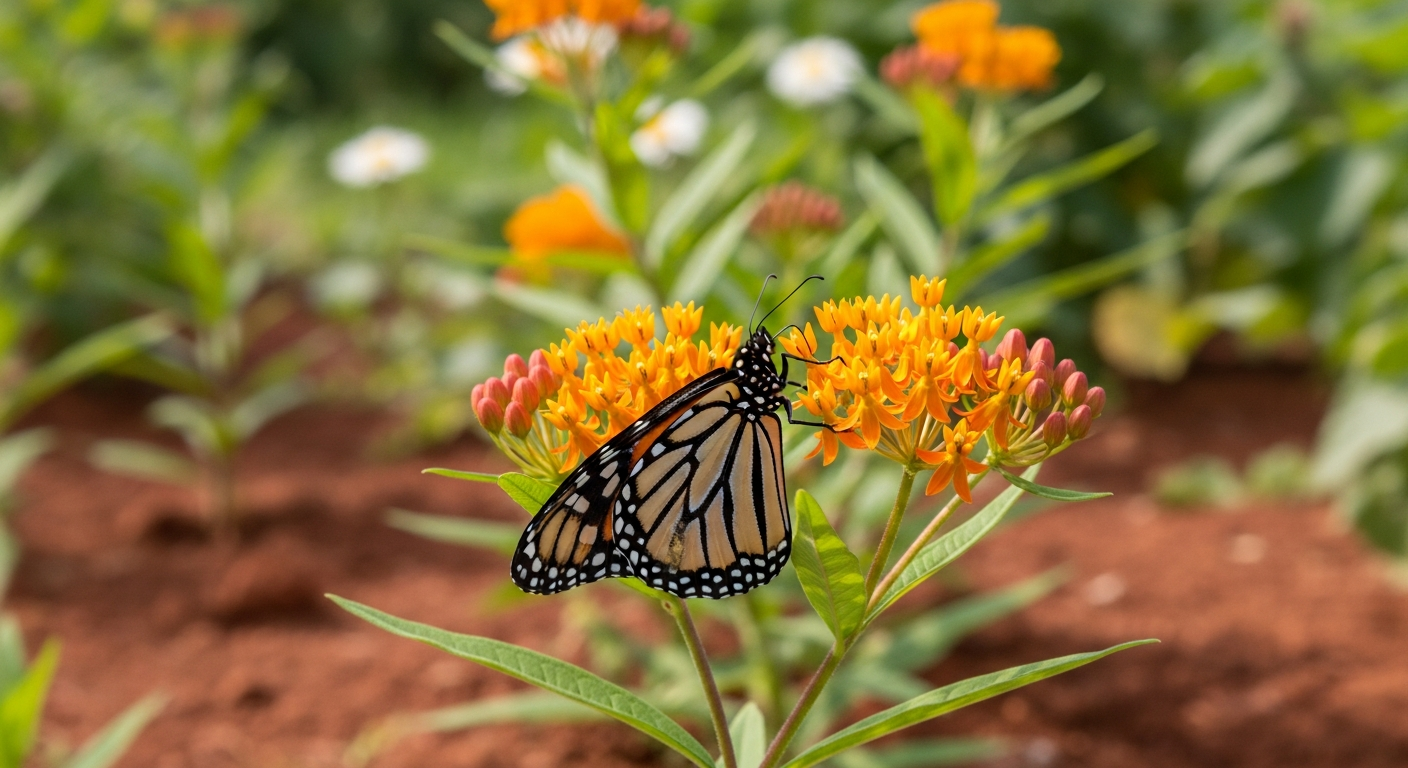 A monarch butterfly resting on a milkweed flower in a vibrant garden, symbolizing the cycle of life.