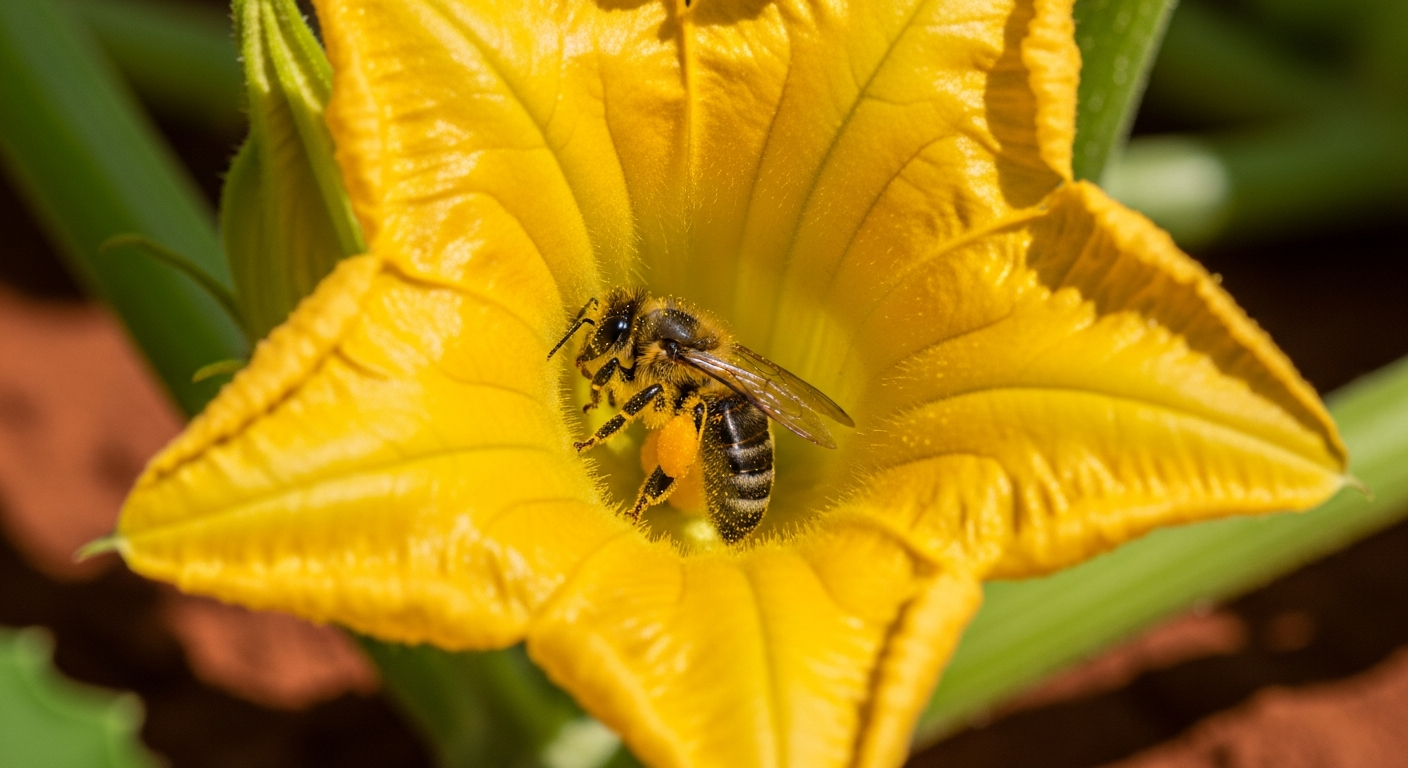 A bee covered in yellow pollen, deep inside a squash blossom, highlighting the process of pollination.