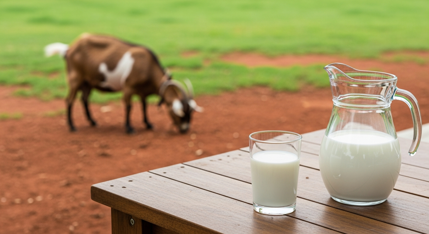 A rustic wooden table with a clear glass of fresh goat milk next to a pitcher. A happy, healthy-looking goat is visible in the soft-focus background of a green pasture.
