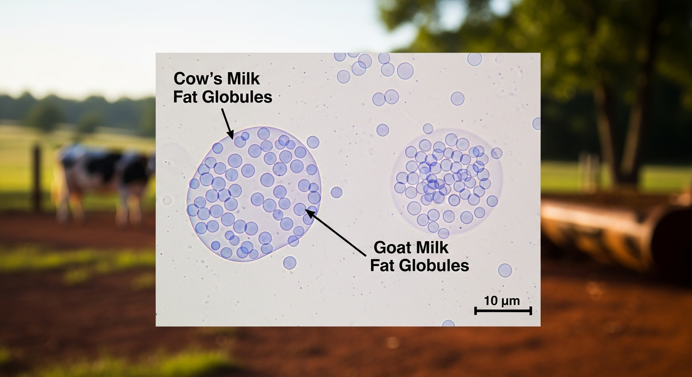 A microscopic view diagram comparing the large fat globules in cow's milk to the smaller, more dispersed fat globules in goat milk.