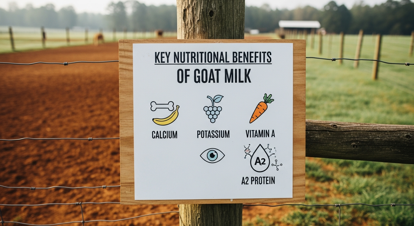 A simple infographic showing the key nutritional benefits of goat milk: Calcium, Potassium, Vitamin A, and A2 Protein, with simple icons for each.