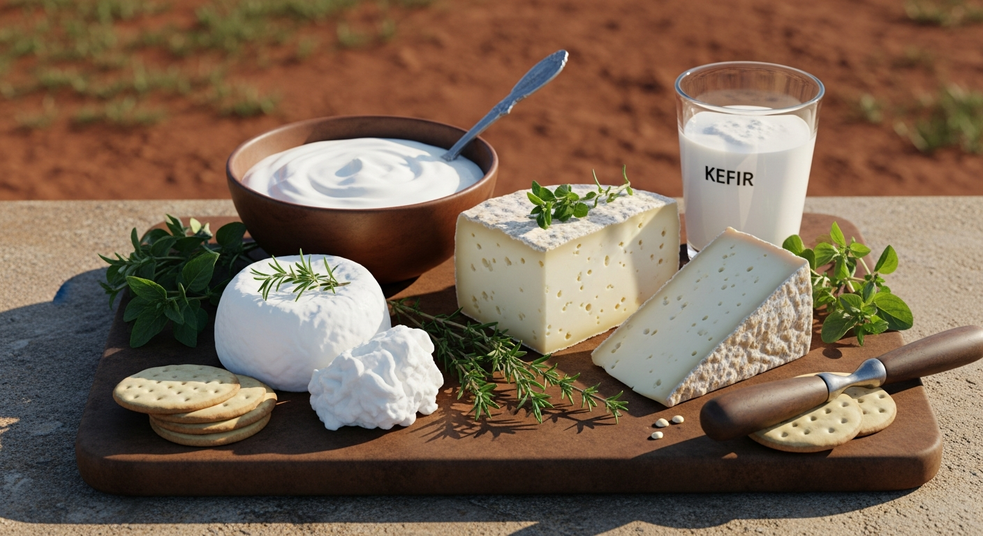 A beautiful, rustic cheeseboard featuring soft chèvre, a wedge of aged goat cheese, goat milk yogurt in a bowl, and a glass of kefir, surrounded by fresh herbs and crackers.