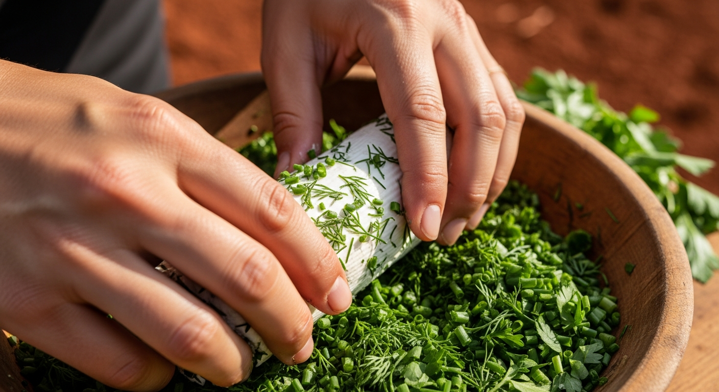 A close-up shot of hands gently rolling a log of fresh chèvre in a bowl of chopped fresh herbs like dill, chives, and parsley.