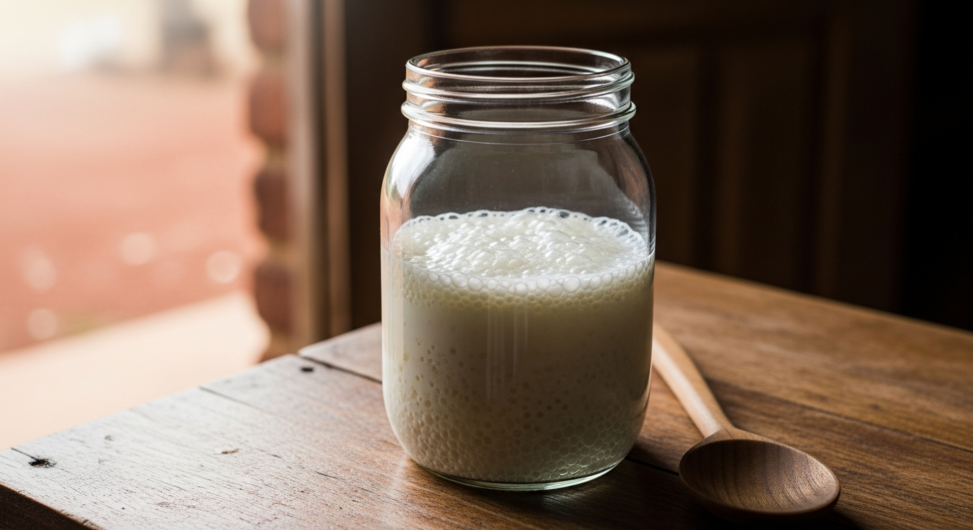 A glass jar with kefir grains sitting in goat milk, showing the fermentation process with small bubbles. A wooden spoon rests beside it.