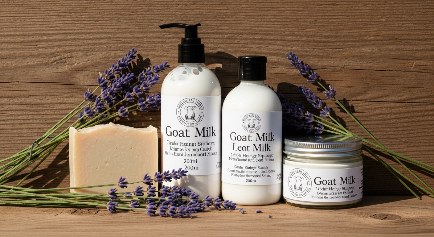 A collection of handmade goat milk products: a bar of soap, a bottle of lotion, and a jar of cream, all arranged on a rustic wooden background with lavender sprigs.