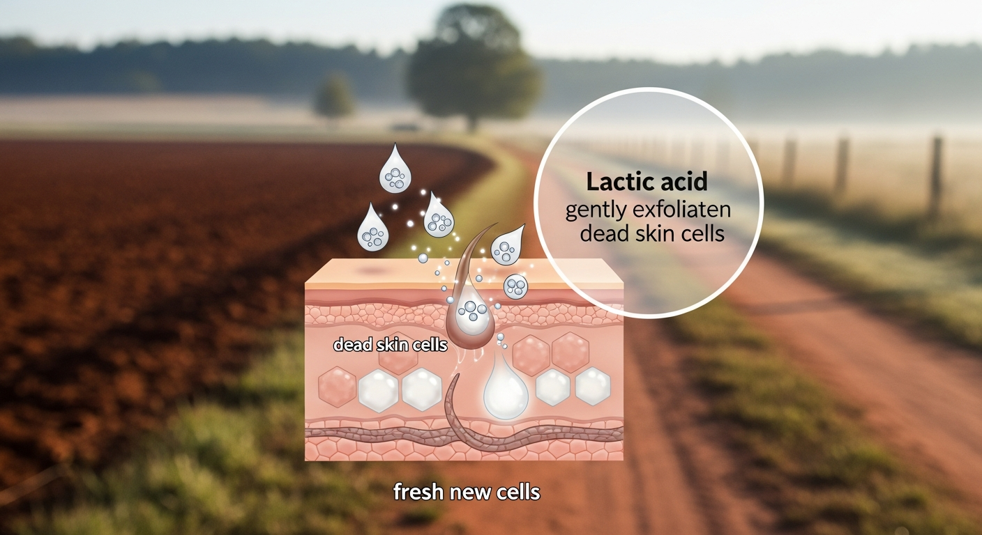 An animated diagram showing lactic acid from goat milk gently lifting dead cells from the surface of the skin, revealing fresh new cells below.