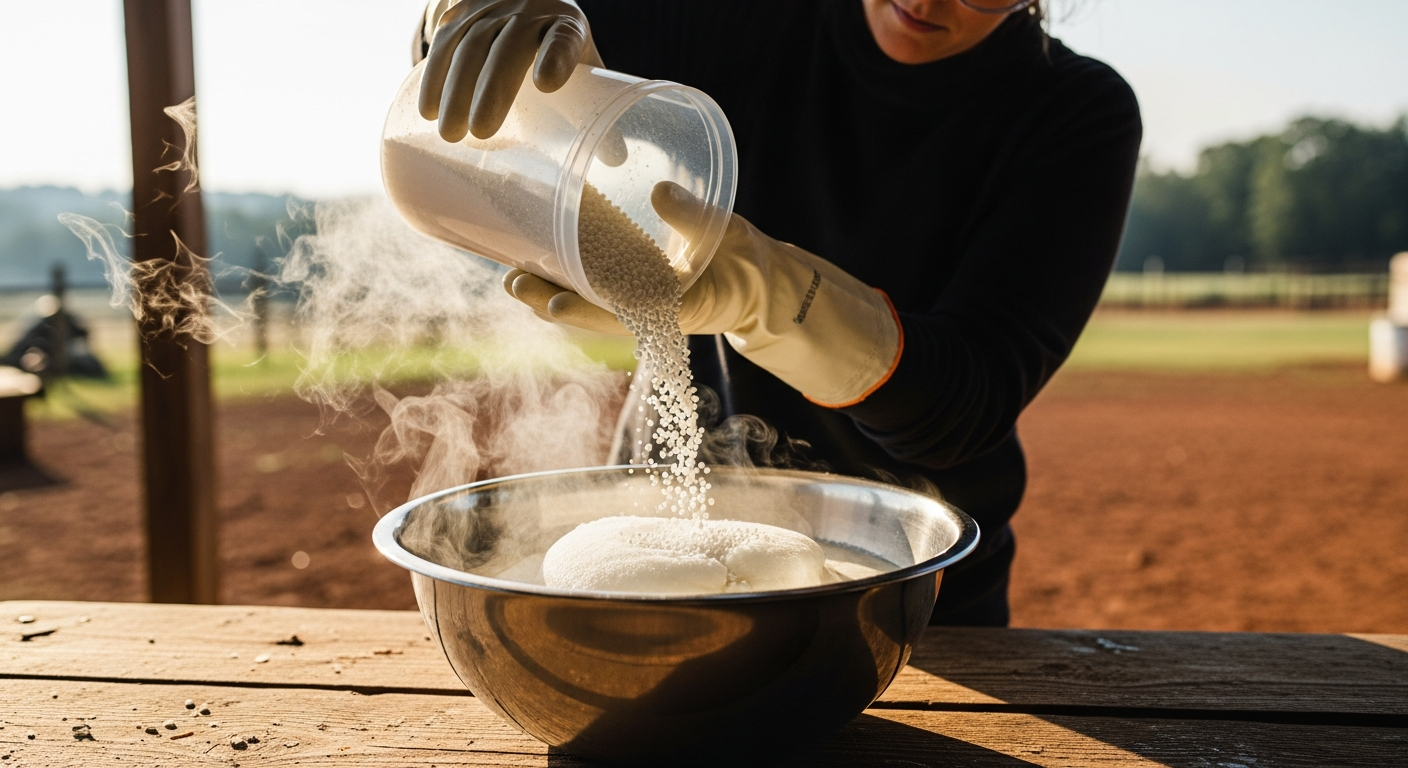 A person wearing safety goggles and gloves slowly pouring lye into a bowl of frozen goat milk slush, with steam gently rising.