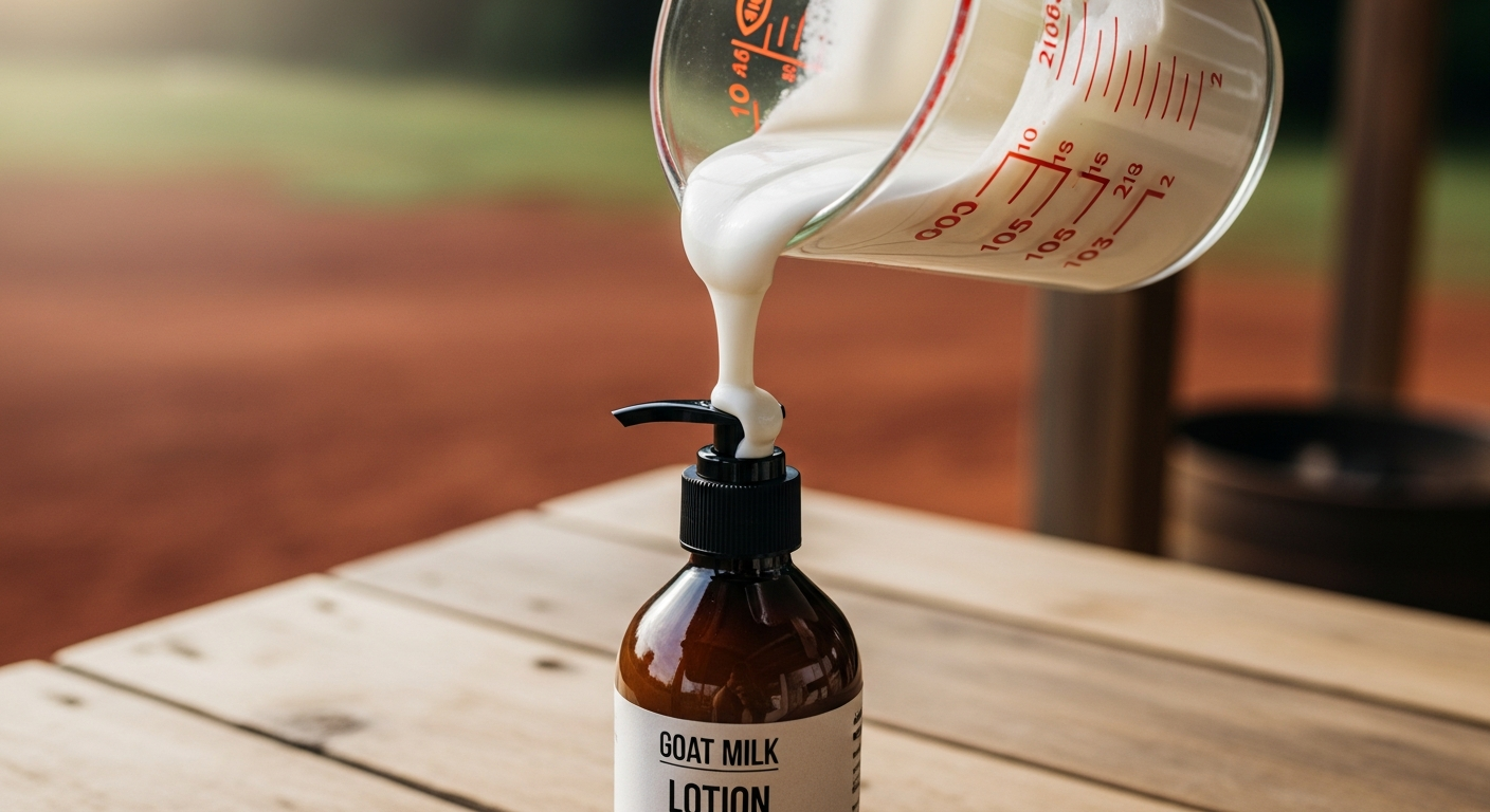 A finished, creamy white goat milk lotion being poured from a glass measuring cup into a pump bottle.