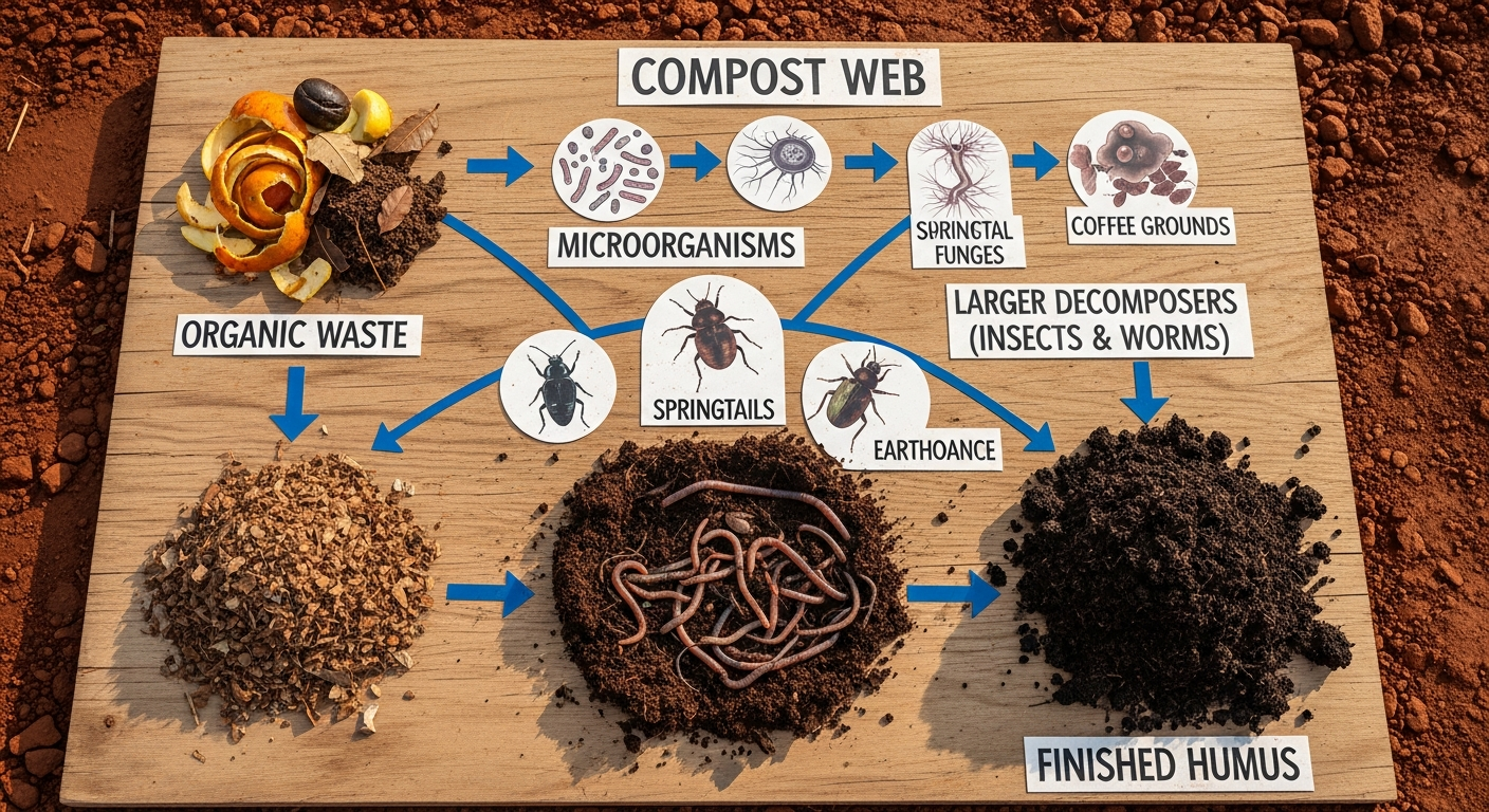A diagram showing the composting food web, starting with organic waste, then microorganisms, then larger decomposers like insects and worms, resulting in finished humus.