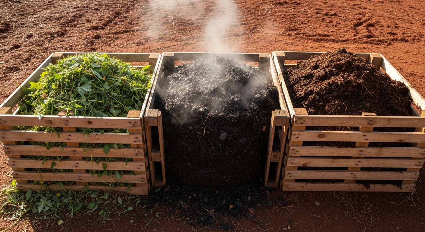 A well-maintained three-bin compost system made of wood pallets. The first bin is full of fresh garden clippings, the middle bin is dark and steaming slightly, and the third bin contains finished, crumbly compost.